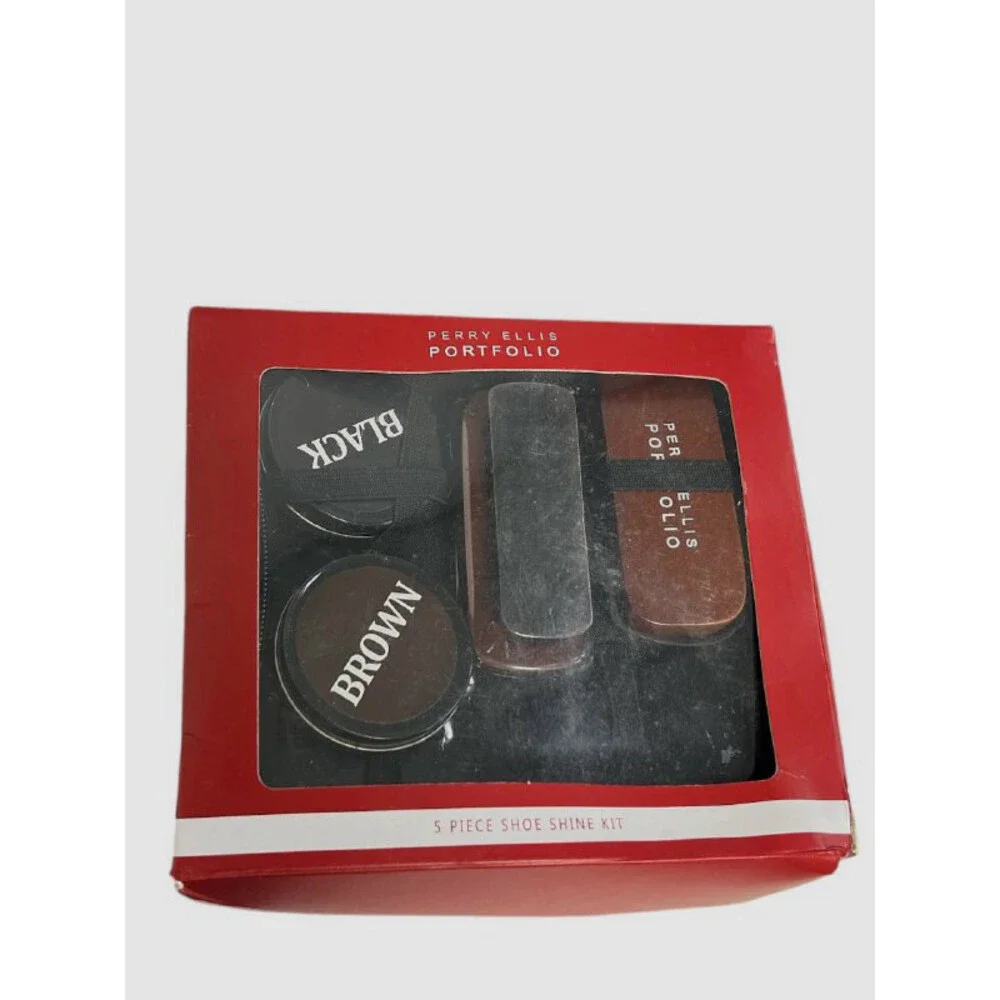 Perry Ellis Men's Black Leather 6-Piece Shoe Shine Travel Brush Polish Kit.